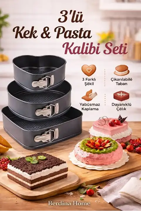3’lü Kelepçeli Kek Kalıbı Seti – Kalp Yuvarlak Kare, Çıkarılabilir Tabanlı, Yapışmaz Teflon