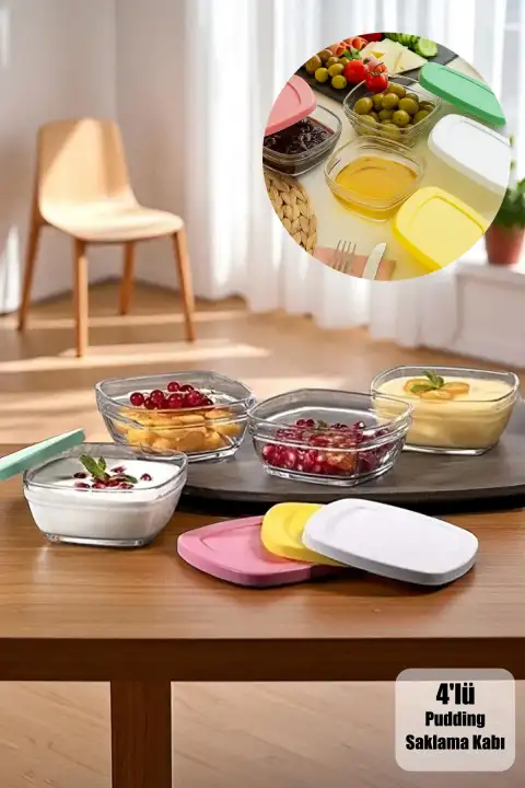4lü Kapaklı Cam Kase Seti Pudding Saklama Kabı 310cc Kahvaltılık Organizer Piknik Seti Kahvaltılık