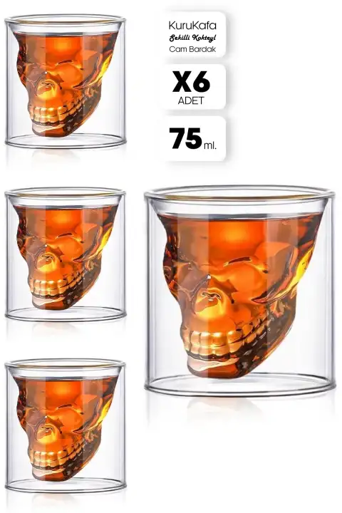 6lı Kuru Kafa Shot Kokteyl Bardağı Kahve Sunum Bardağı Skull Bardak Tasarım Kokteyl Bardağı 75 ml.