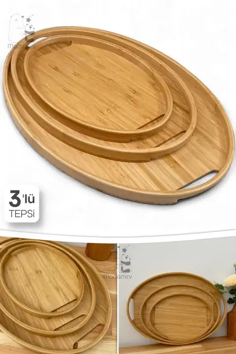 3lü Lüx İskandinav Bambu Tepsi Seti Çay Tepsisi, Oval Tepsi, Kahve Sunum Tepsisi Oval Köşe Tepsi