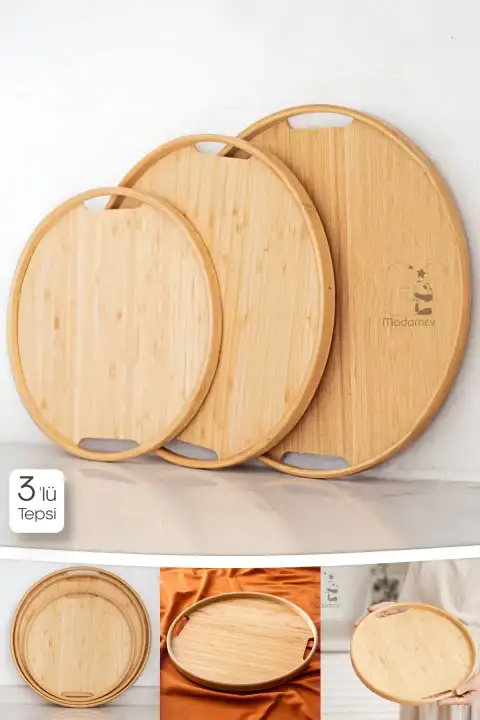 3lü Lüx İskandinav Bambu Tepsi Seti Çay Tepsisi Yuarlak Tepsi Kahve Sunum Tepsisi Oval Köşe Tepsi