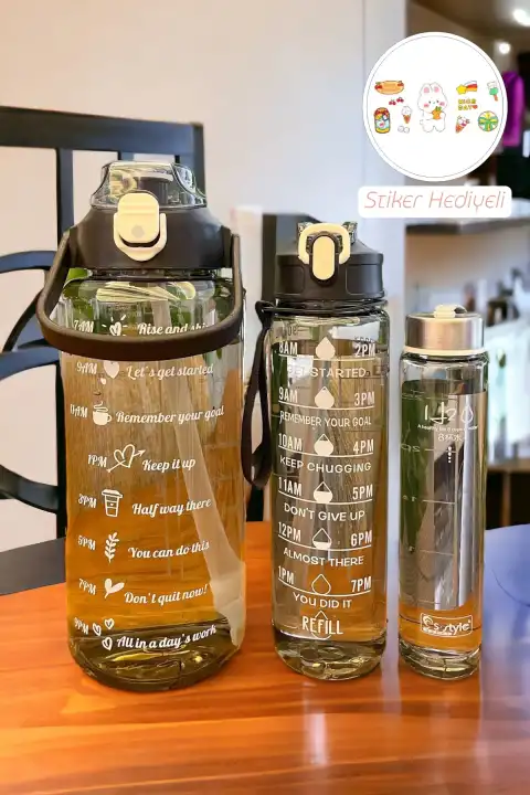 3lü Motivasyonel Su Matarası Sporcu Su Şişesi Suluk 2000+900+500ml Stickerlı Pipetli Suluk