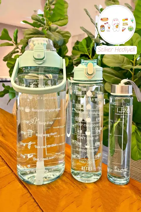 3lü Motivasyonel Su Matarası Soft Green Stickerlı Pipetli Taşınabilir Sızdırmaz Su Şişesi Matarası