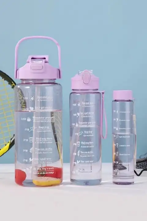 3lü Motivasyonel Su Matarası Sporcu Su Şişesi Suluk Stickerlı Pipetli Suluk 2000+900+500ml