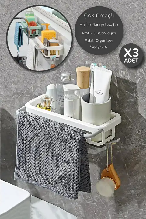 3lü Yapışkanlı Dolap İçi Düzenleyici Mutfak Banyo Lavabo Hazneli Organizer Bulaşıklık Sabunluk Seti