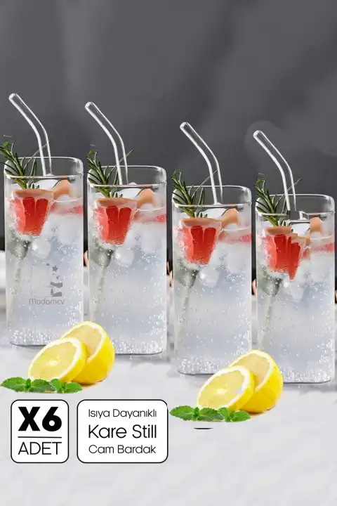 6 Adet Pipetli Kare Still Cam Bardak 350ml Isıya Dayanıklı Retro Kahve Sunum Kokteyl Bardağı Seti
