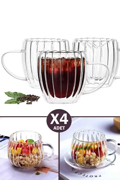 4lü Çift Cidarlı 250 ml Kulplu Isıya Dayanıklı Cam Bardak Burgulu Çay Süt Kahve Kupası Bardağı Set