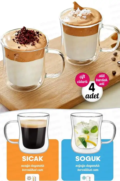 4lü Çift Cidarlı Bardak 220 ml Retro Çay Fincanı Kahve Sunum Bardağı Dayanıklı Cam Kupa Bardak