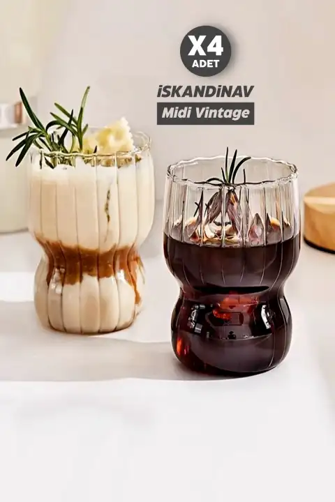 4lü İskandinav Midi Vintage Burgulu Tarz Bardak Kahve Sunum 380 ml. Isıya Dayanıklı Cam Bardağı