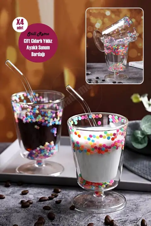 4lü Çift Cidarlı Yıldızlı Ayaklı Retro Bardak Magnolya Sunum Kasesi ve Pipetli Kahve Bardağı 350ml