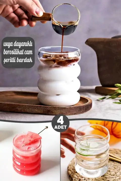 4lü Isıya Dayanıklı Borosilikat Şeritli Cam Bardak Dalgalı Kahve Sunum Meşrubat Bardağı 300 ml