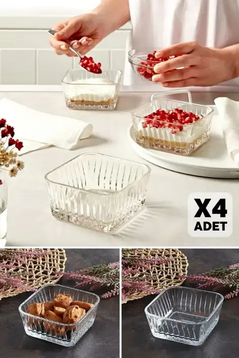 4lü Kare Cam Kase Seti Kahvaltılık Saklama Kabı 225cc Mutfak Çerezlik Sosluk Cam Kase Seti