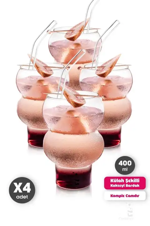 4lü Külah Dalgalı Pipetli Cam Bardak Seti Limonata Meşrubat Kokteyl Kahve Sunum Bardağı 400 ml.