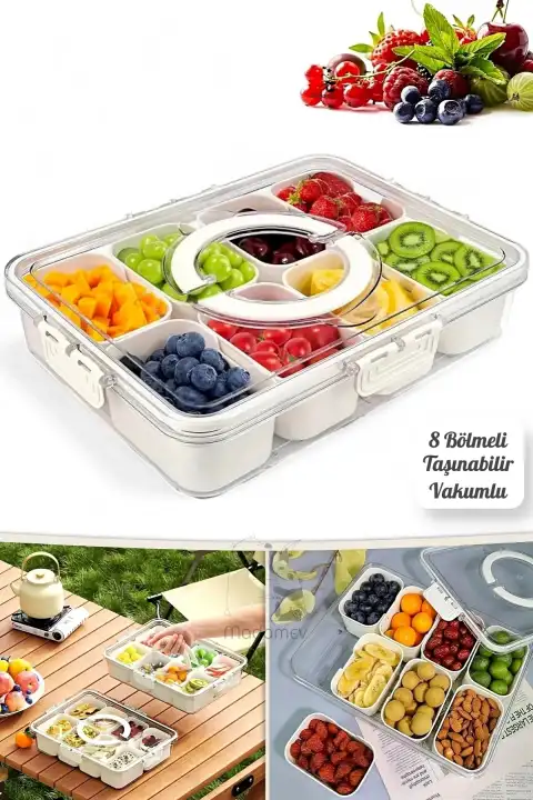 8 Bölmeli Taşınabilir Kilit Kapaklı Saklama Kabı Kahvaltılık Organizer Piknik Seti Gıda Kutusu