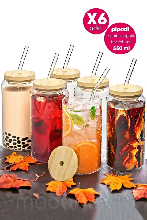 6lı Bambu Kapaklı Pipetli Cam Bardak Isıya Dayanıklı Borosilikat Kola Şekilli Kahve Sunum Bardağı