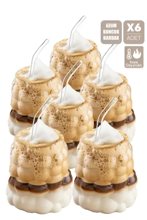 6lı Boncuk Bardak Pipetli Meşrubat Su Kahve Sunum Bardağı Isıya Dayanıklı Üzüm Tanesi Bardağı 350ml