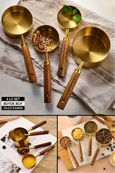 4lü Büyük Boy Paslanmaz Çelik Ahşap Saplı Gold Ölçü Kaşığı Seti Ölçü Kabı 60ml 80ml 125ml 250ml