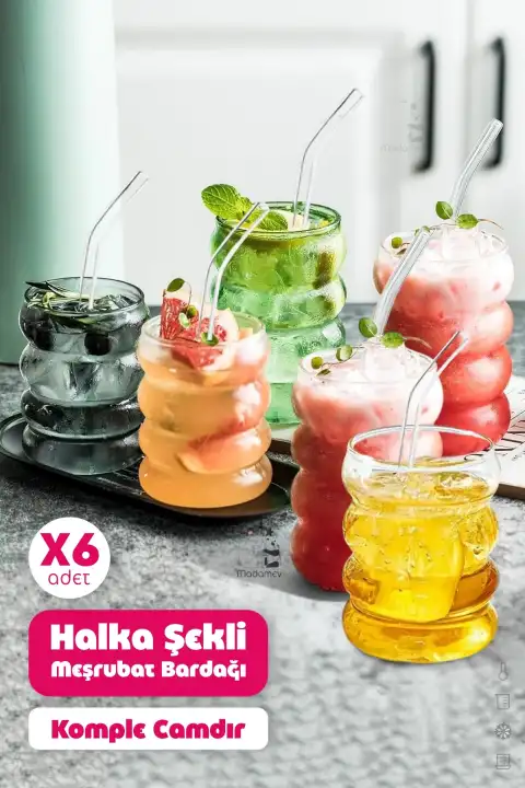 6lı Meşrubat Still Cam Bardak Seti Halka Şekilli Pipetli 4 Katlı Kahve Latte Sunum Bardağı 340 ml.