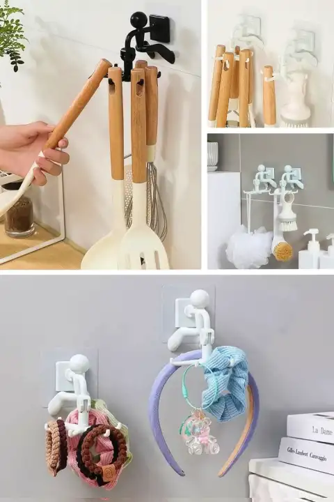 6 Kancalı Mutfak Banyo Rambo Figürlü Döner Başlı Askılık Kepçe Askılığı Yapışkanlı Organizer