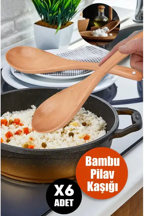 6lı Büyük Boy Lüx Bambu Pilav Kaşığı Ergonomik Askı Kancalı Mutfak Classic Ahşap Tahta Kaşık Seti