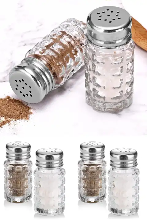 2li Cam Tuzluk Karabiberlik Baharatlık Lokanta Ev Ofis Metal Başlıklı Yuvarlak Still Tuzluk Seti