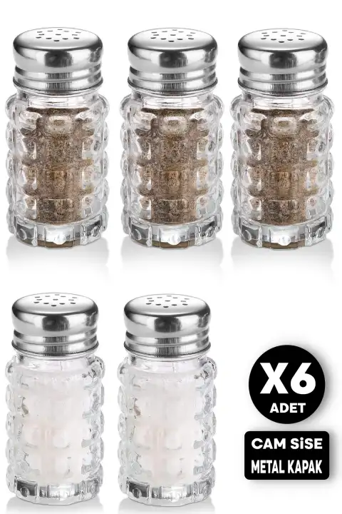 6lı Cam Tuzluk Karabiberlik Baharatlık Lokanta Ev Ofis Metal Başlıklı Yuvarlak Still Tuzluk Seti