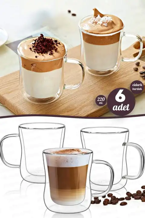6lı Çift Cidarlı Bardak 220 ml Retro Çay Fincanı Kahve Sunum Bardağı Dayanıklı Cam Kupa Bardak