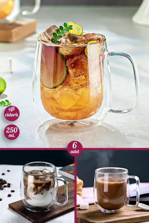 6lı Çift Cidarlı Bardak 250 ml Ev Ofis Çay Fincanı Kahve Sunum Bardağı Dayanıklı Kupa Cam Bardak