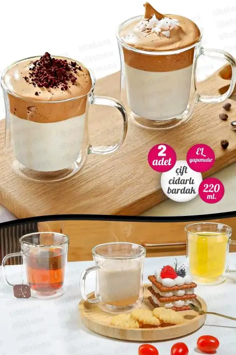 2li Çift Cidarlı Bardak 220 ml Retro Çay Fincanı Kahve Sunum Bardağı Dayanıklı Cam Kupa Bardak