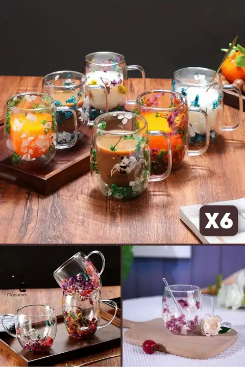 6lı Çift Cidarlı Çiçekli Borosilikat Cam Bardak Kulplu Flower Kahve Sunum Meşrubat Bardağı 250ml