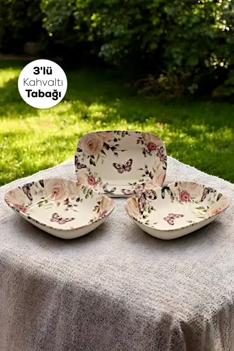 3lü Lüx Servis Sunum Kase Tabak Seramik Digital Baskılı Kahvaltı Tabağı Seti
