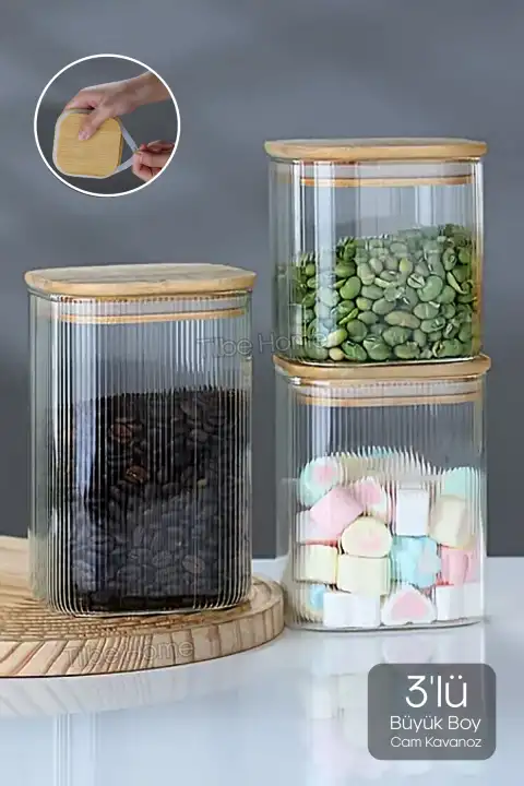 3lü Bambu Kapaklı Büyük Boy Cam Kavanoz Çizgili Kare Şeker Bakliyat Baharat Mutfak Saklama Kabı Set
