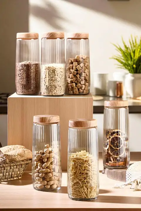 6lı Jumbo Boy Kapaklı Cam Erzak Kavanozu Saklama Kabı 1500 ml Mutfak Organizer Gıda Saklama Kutusu