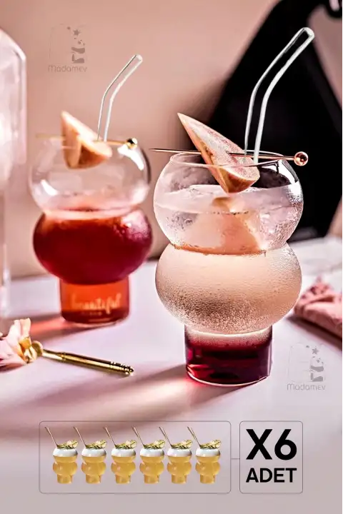 6lı Pipetli Dalgalı Külah Cam Bardak Seti Limonata Meşrubat Kokteyl Kahve Sunum Bardağı 400 ml.