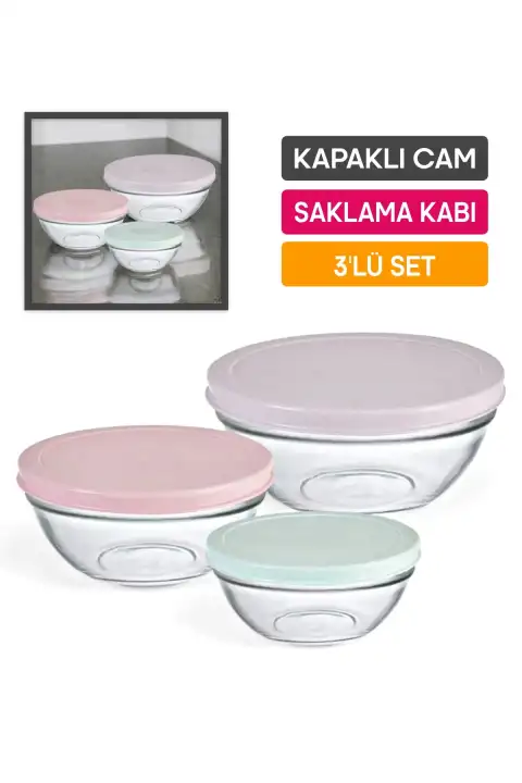 3lü Kapaklı Cam Saklama Kabı Seti Pratik Vakumlu Erzak Bakliyat Saklama Kuru Gıda Kutusu