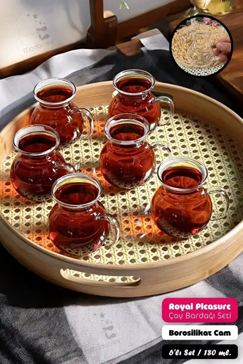 6lı Pleasure Borosilikat Cam Bardak Set Isıya Dayanıklı Keyfi Ala Kulplu Çay Fincanı Bardağı