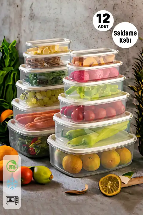 12li Saklama Kabı Seti Çok Amaçlı Mutfak Piknik Erzak Kabı Dikdörtgen Kapaklı Gıda Organizer Box