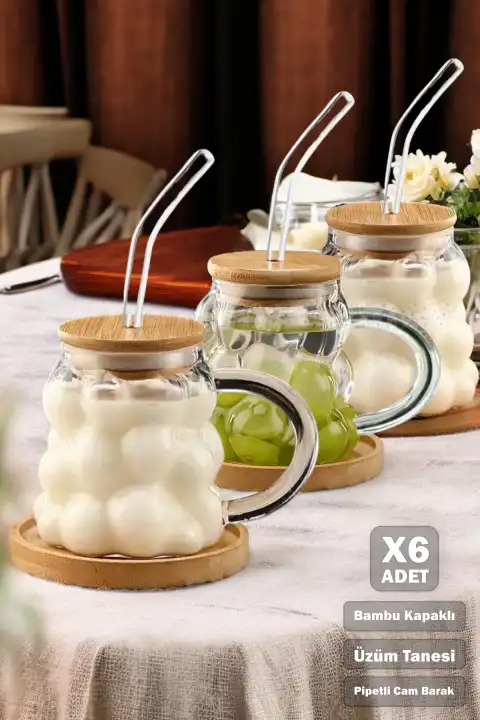 6lı Üzüm Tanesi Bambu Kapaklı Boncuk Bardak 350 ml Isıya Dayanıklı Cam Pipetli Kahve Sunum Bardağı