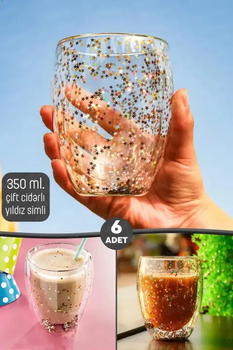 6lı Yıldız Simli Çift Cidarlı Bardak Kahve Sunum Kokteyl Bardağı Isıya Dayanıklı Borosilikat 350ml