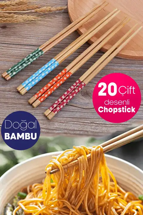 20 Çift Bambu Chopstick Desenli Yıkanabilir Kore Çin Yemek Çubuğu El Yapımı Doğal Ahşap Sushi Çubuk