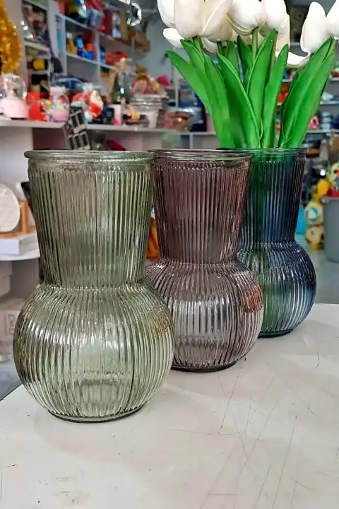 Dekoratif Vazo Büyük Boy Karaf Renkli Çizgili Vazo