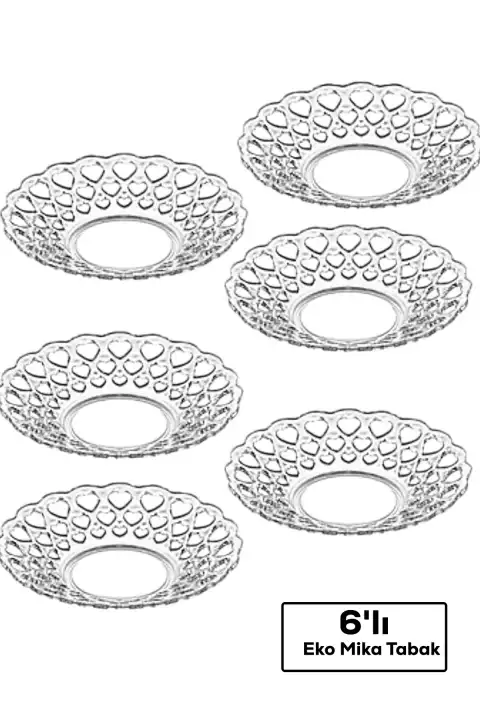 6Lı Kristal Mika Çay Tabağı Kalp Figürlü Eko Dekoratif Şeffaf Çay