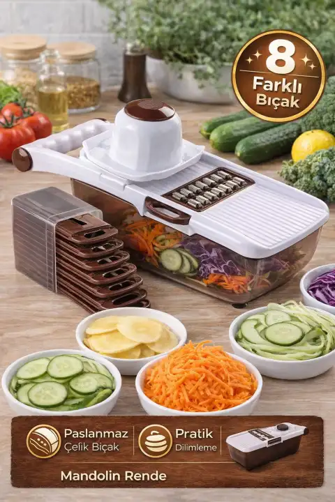 Rende Dilimleyici Hazneli 8 Bıçaklı Sebze Patates Rendeleme Mandolin Doğrayıcı Lüx Dicer Rende Seti