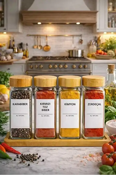 4lü Standlı Bambu Kapaklı Etiketli Cam Kare Formlu Baharatlık Takımı Serpme Başlıklı Baharatlık