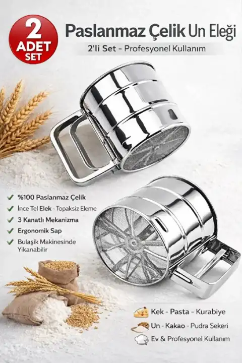 Un Eleği Basmalı Mutfak Şeker Un Eleği Pudra Kakao Eleme Değirmen Kakao Un Serpme Lüx Çelik Elek