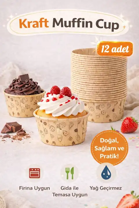 12’li Kraft Muffin Cupcake Kek Kapsülü Naturel Donut Baskılı Kalıp Konsept Airfryer ve Fırın Uyumlu