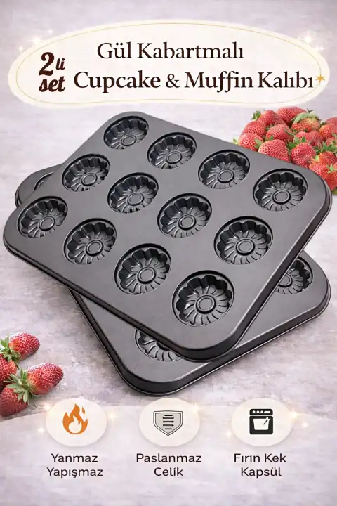 2 Adet 12li Cupcake Muffin Kalıbı Gül Kabartmalı Yanmaz Yapışmaz Fırın Kek Kapsülü Çelik Siyah