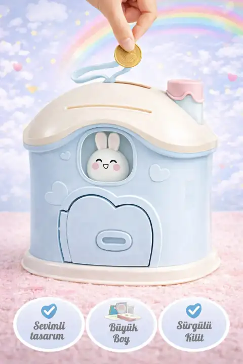 Büyük Boy Kawai Ev Tasarımlı Kilitli Çocuk Kumbarası Sevimli Bacalı Ev Kumbara Sticker Hediye Mavi