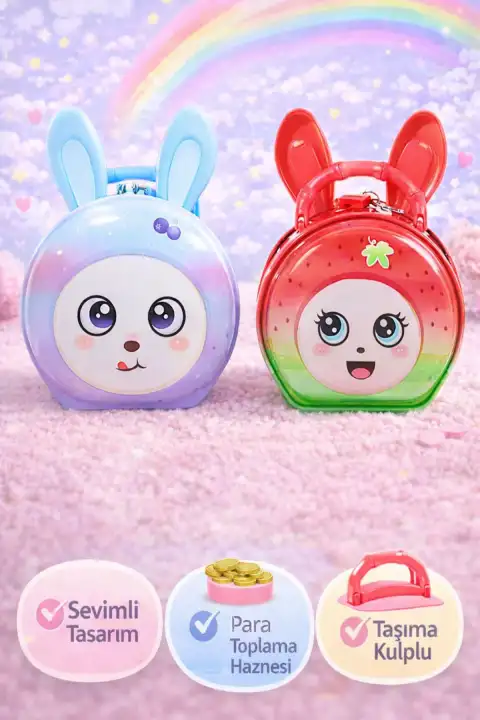 Sevimli Tavşan Tasarımlı Metal Kilitli Kumbara | Anahtarlı Harçlık Biriktirme Figürlü Kumbara Kutusu