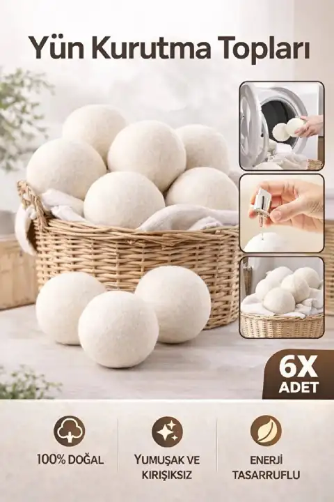 6 Adet Çamaşır Yün Kurutma Topu XXL Büyük Boy Doğal Yumuşatıcı Çamaşır Kurutma Makinesi Topları